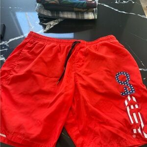 Oakley Red Board Shorts with Blue Accents